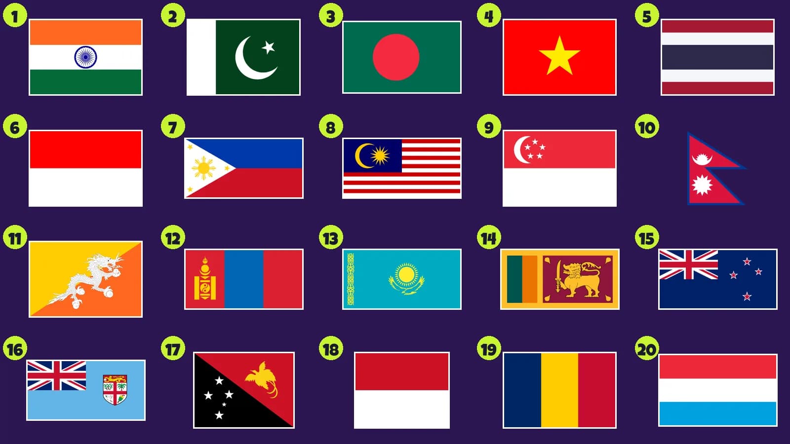 Veinte banderas numeradas de Asia y Oceanía más tres banderas europeas y africanas casi idénticas a otras
