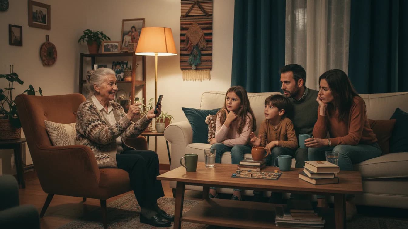 Uma avó lê uma charada em voz alta na sala enquanto duas crianças e os pais pensam na resposta no sofá