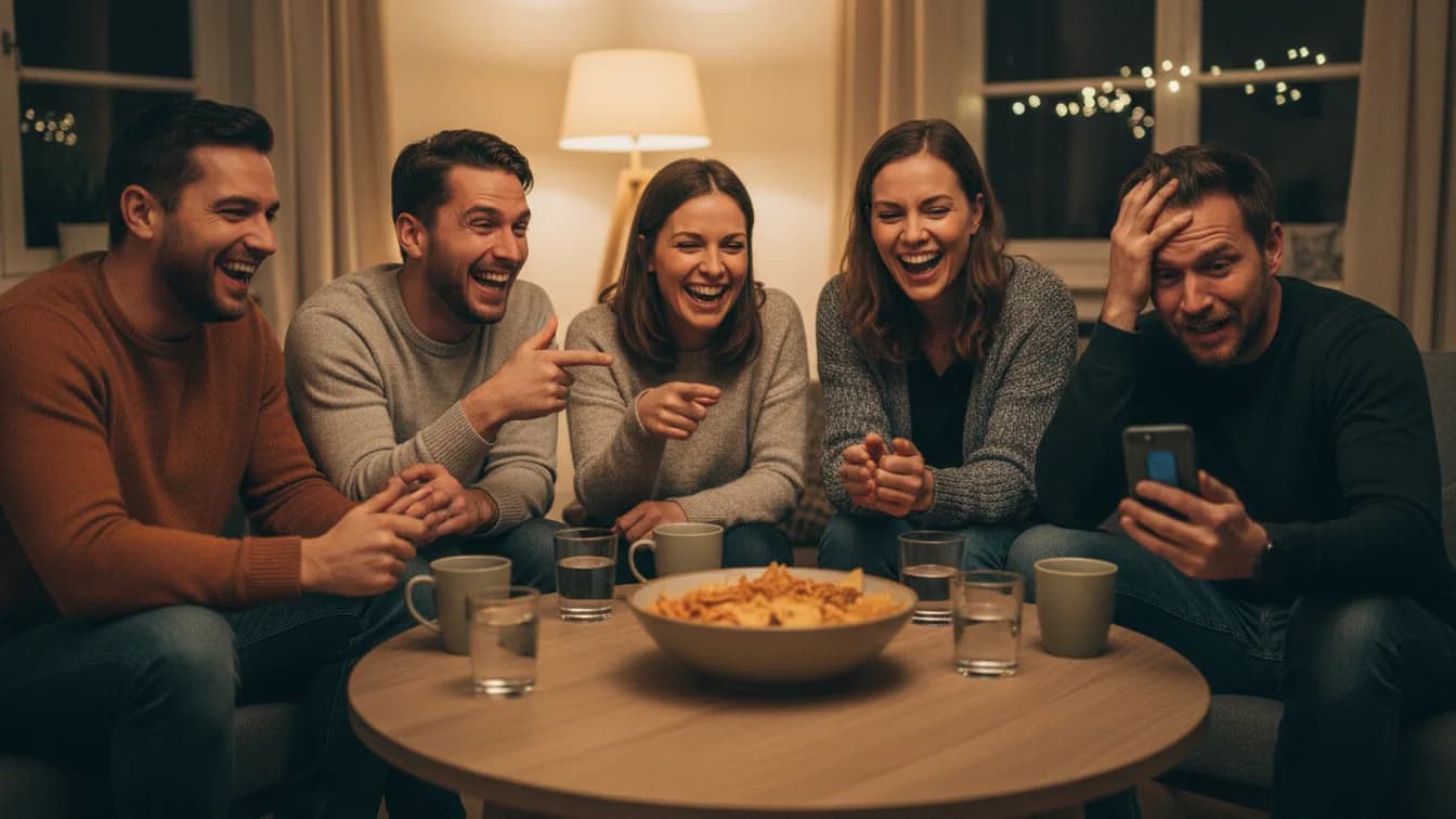 Um grupo de amigos adultos ri em volta de uma mesa na sala; um deles olha o celular com cara de quem não acredita depois de ler a resposta