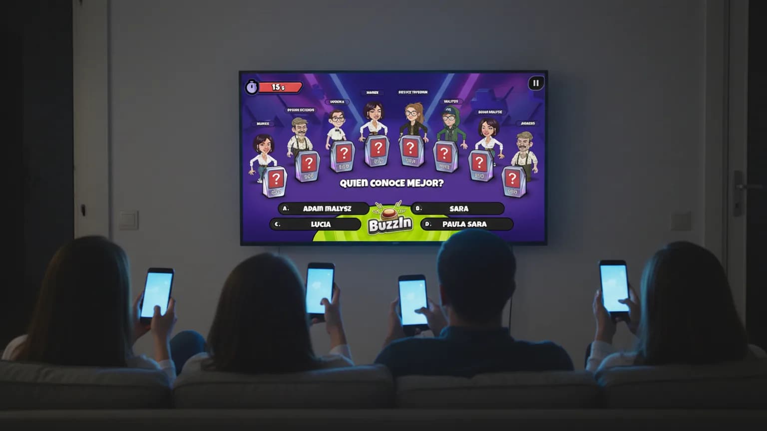 Television con una pregunta de concurso y cuatro respuestas de colores, con invitadas mirando el móvil