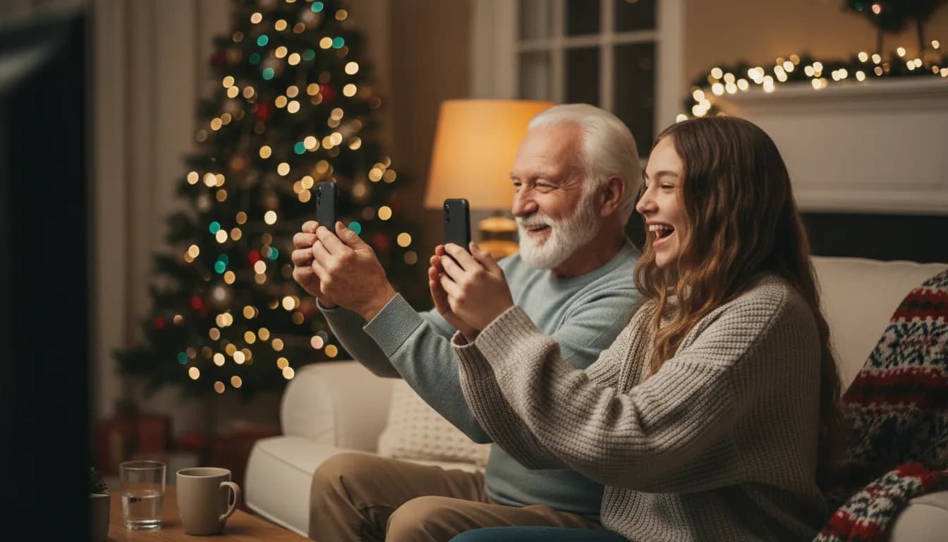 A grandfather and his teenage granddaughter on a sofa, both holding phones up like game show buzzers