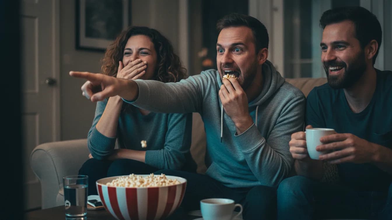 Drei Freunde auf dem Sofa beim Filmquiz, ein Mann mit vollem Mund voller Popcorn zeigt aufgeregt nach vorn, weil er die Antwort weiß, eine Frau neben ihm lacht, im Vordergrund eine rot-weiß gestreifte Popcornschüssel