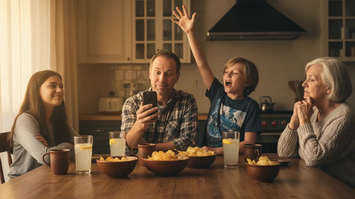 A family trivia night at a wooden kitchen table: a dad reads a question from his phone with raised eyebrows, a boy of about eleven shouts an answer with his hand up, a teenage girl smiles and the grandmother taps her chin