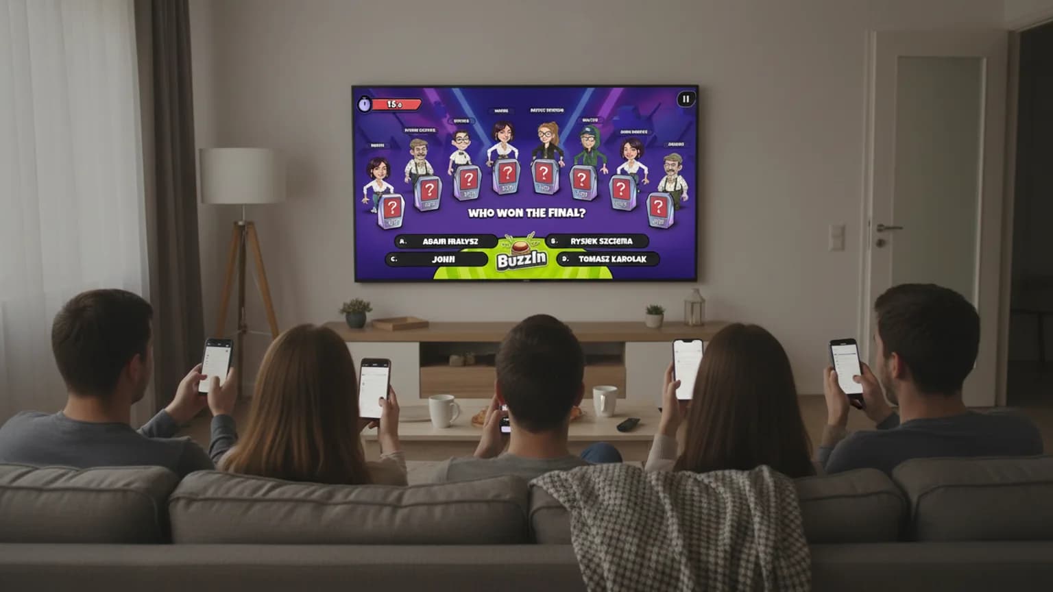 A TV showing a quiz question with four coloured answers and a scoreboard