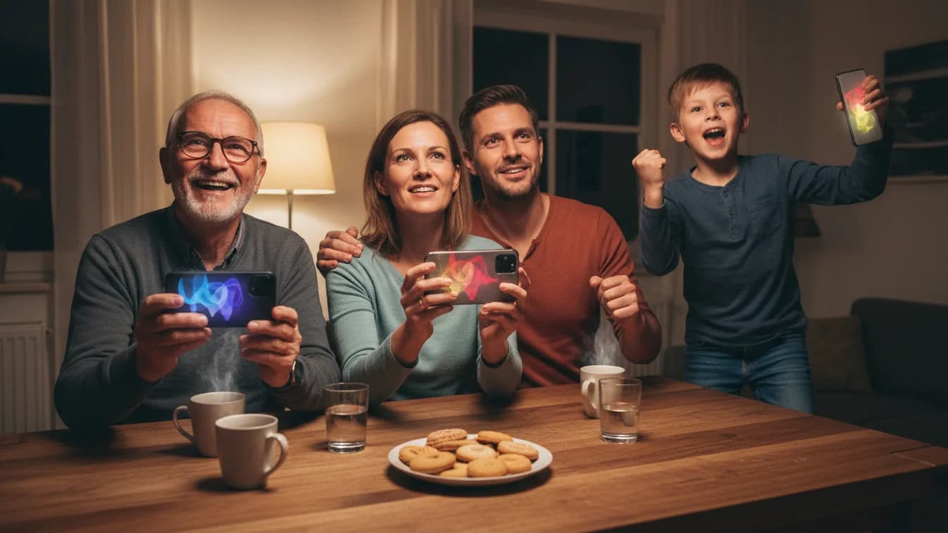 Drei Generationen am Wohnzimmertisch mit Handys in der Hand schauen zum Fernseher, der Junge springt mit gereckter Faust auf, der Großvater grinst