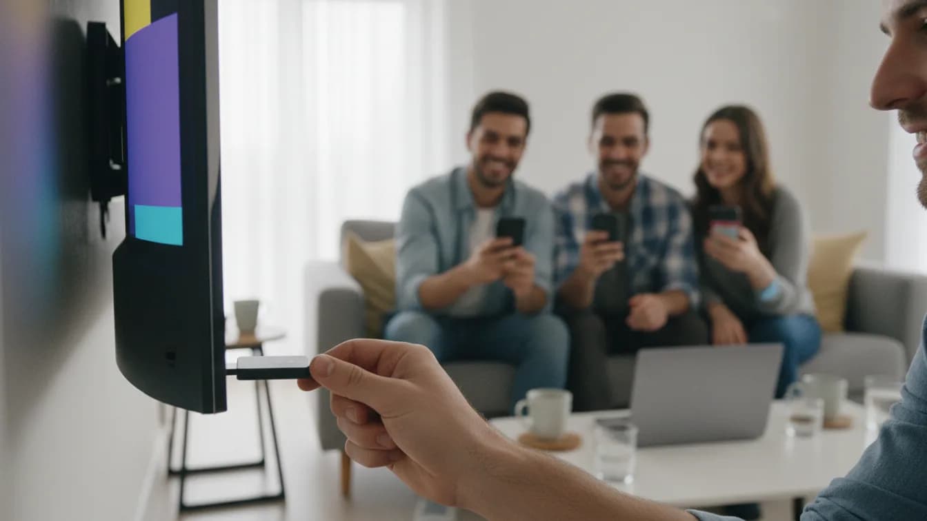 A hand plugs a small black streaming stick into the side of a wall-mounted TV while three friends on a couch in the background hold their phones and smile