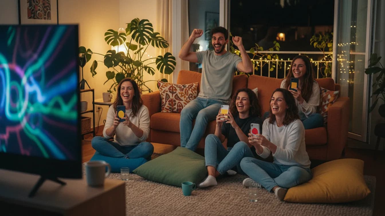 Seis amigos en un salón por la noche, unos en el sofá y otros en cojines en el suelo, ríen con el móvil en la mano mientras uno celebra de pie con los brazos en alto