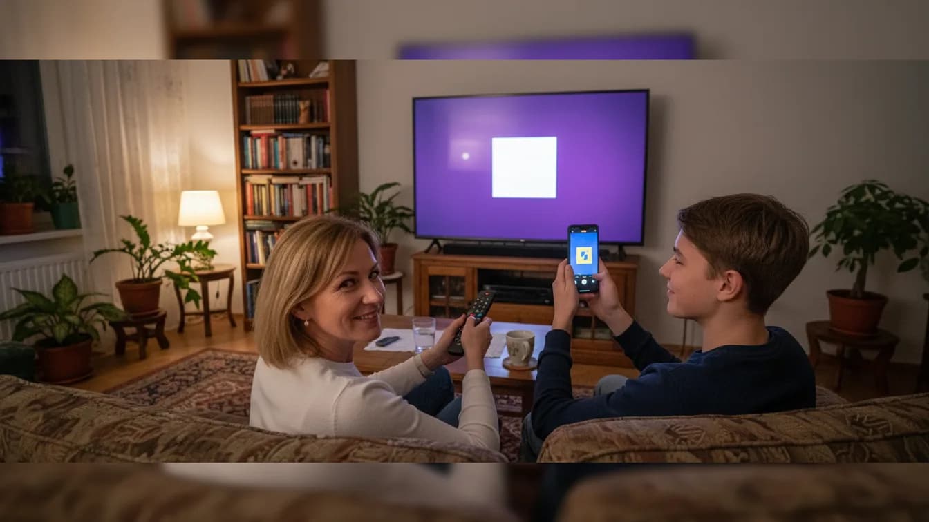 Kobieta w salonie celuje pilotem w telewizor z fioletowym ekranem, a nastoletni syn obok podnosi telefon z aparatem skierowanym na ekran
