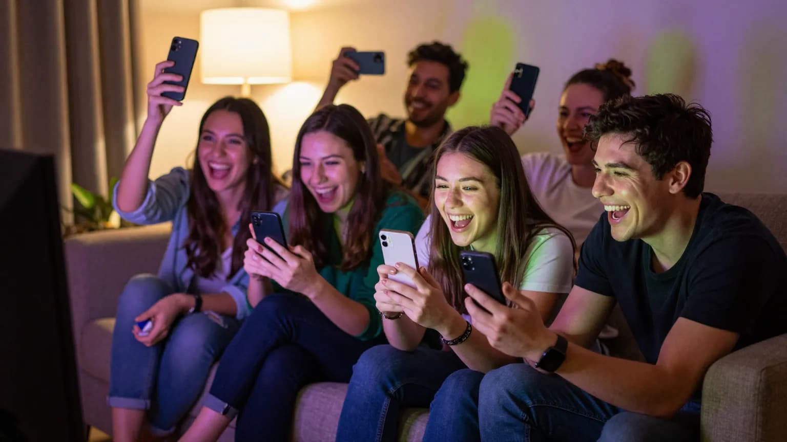 A group of friends on a couch holding phones up like game-show buzzers at a house party