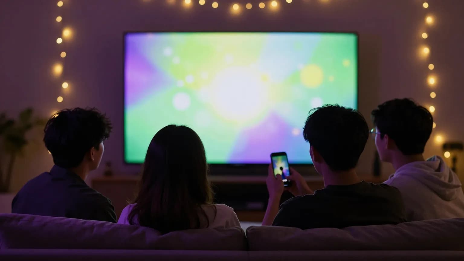 Friends on a couch in front of a TV glowing with the colors of a quiz-show stage