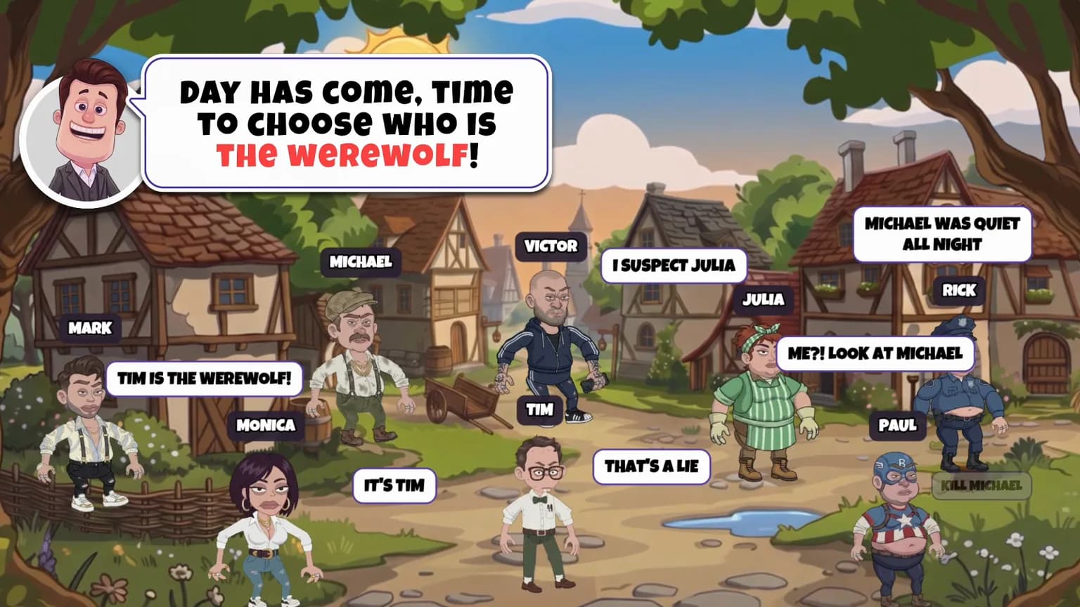 The discussion board in Buzzin: eight characters on a village road with accusation speech bubbles