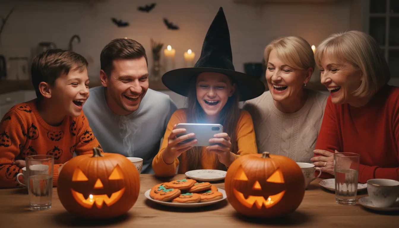 A family of five at a kitchen table with two carved pumpkins and cookies, a girl in a witch hat holding up a phone in the middle while everyone laughs