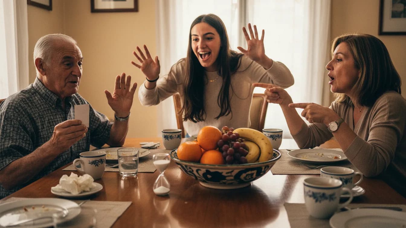 Una familia de tres generaciones en la sobremesa: el abuelo esconde una tarjeta contra el pecho y gesticula mientras su nieta, con las manos arriba, y su hija intentan adivinar la palabra, con un reloj de arena y un frutero sobre la mesa