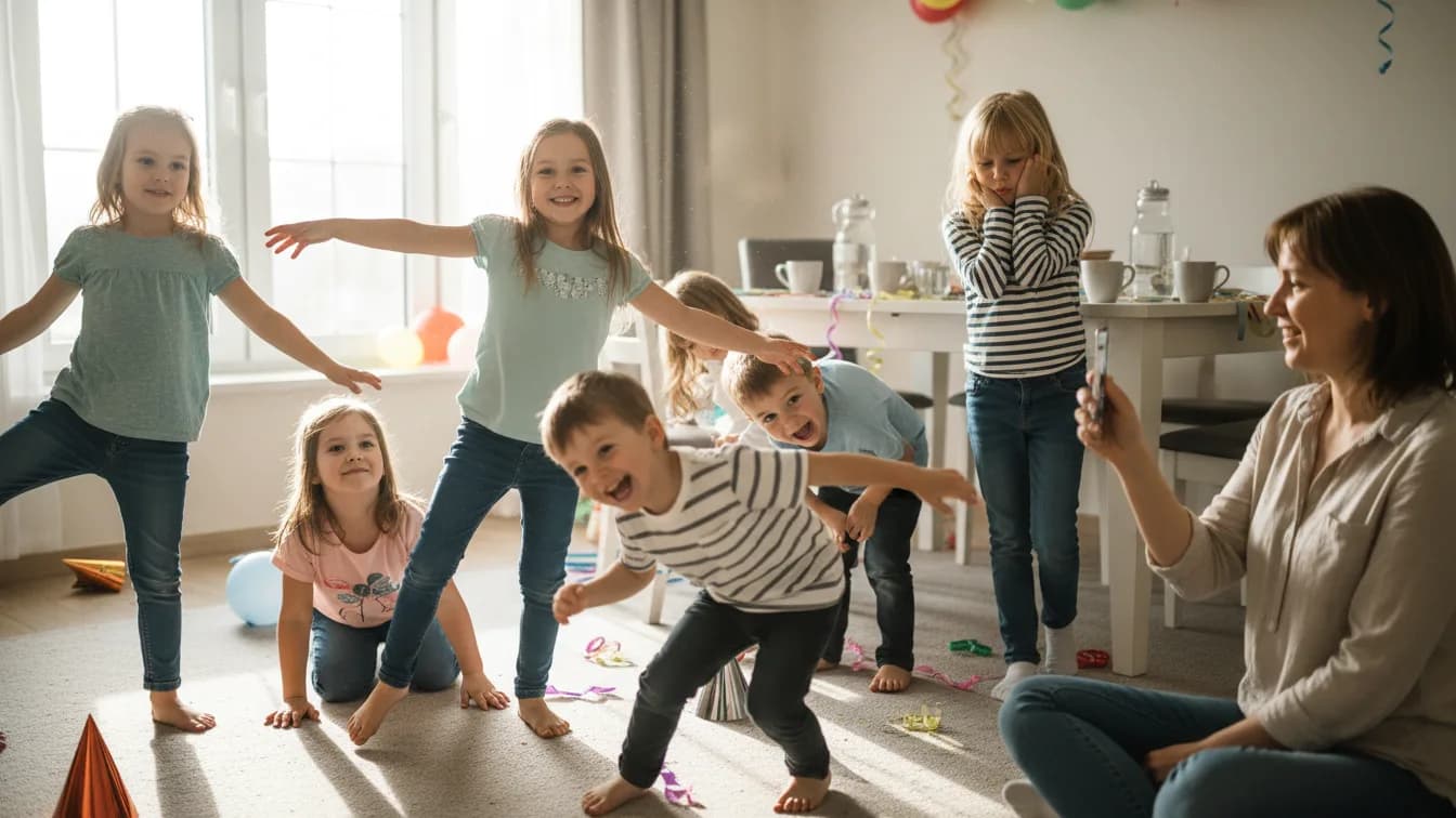 Kinder frieren beim Stopptanz im Wohnzimmer in lustigen Posen ein, ein Mädchen steht auf einem Bein, ein Junge wackelt lachend, eine Mutter hält am Rand ein Handy mit der Musik