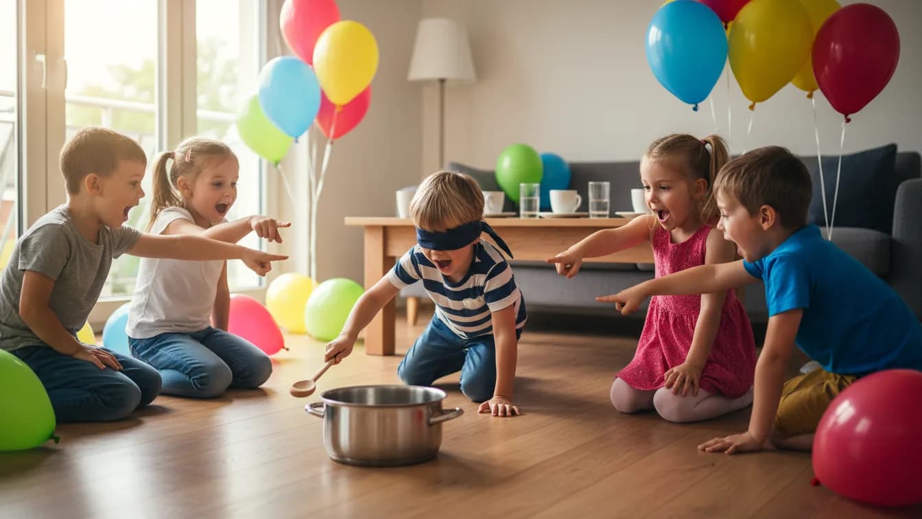 Ein Junge mit verbundenen Augen krabbelt mit einem Holzlöffel über den Wohnzimmerboden auf einen umgedrehten Kochtopf zu, vier Kinder knien daneben, zeigen auf den Topf und feuern ihn an