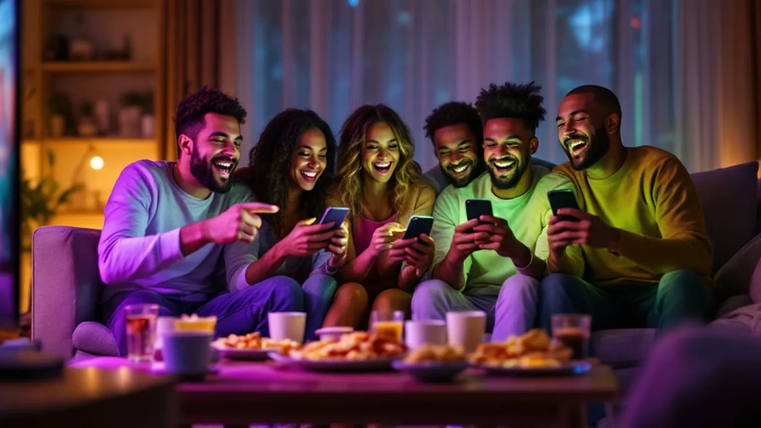 A laughing group holding phones during a game on the TV