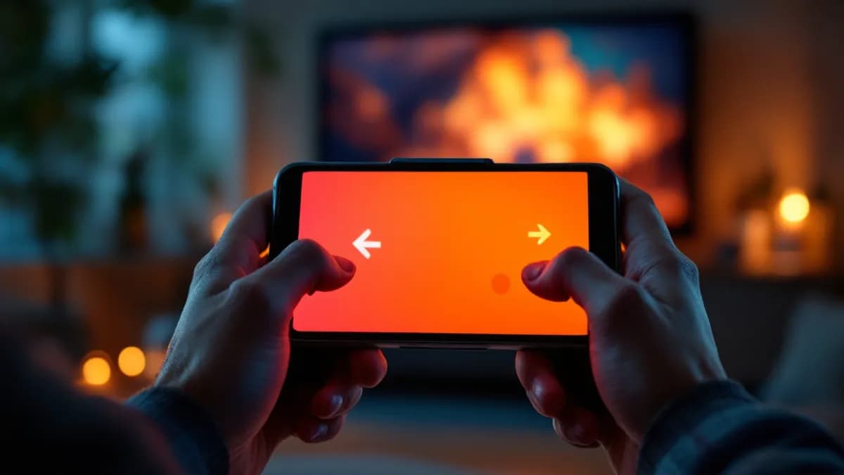 A phone held sideways like a gamepad with on-screen controls