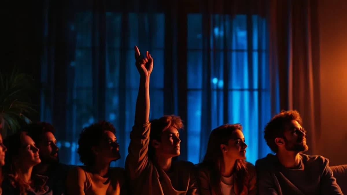 A living room lit like a quiz studio, one person buzzing in with a raised hand