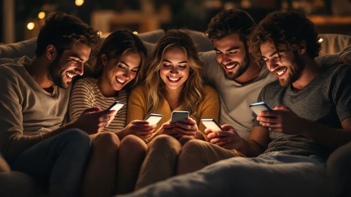Friends on a couch typing answers into their phones