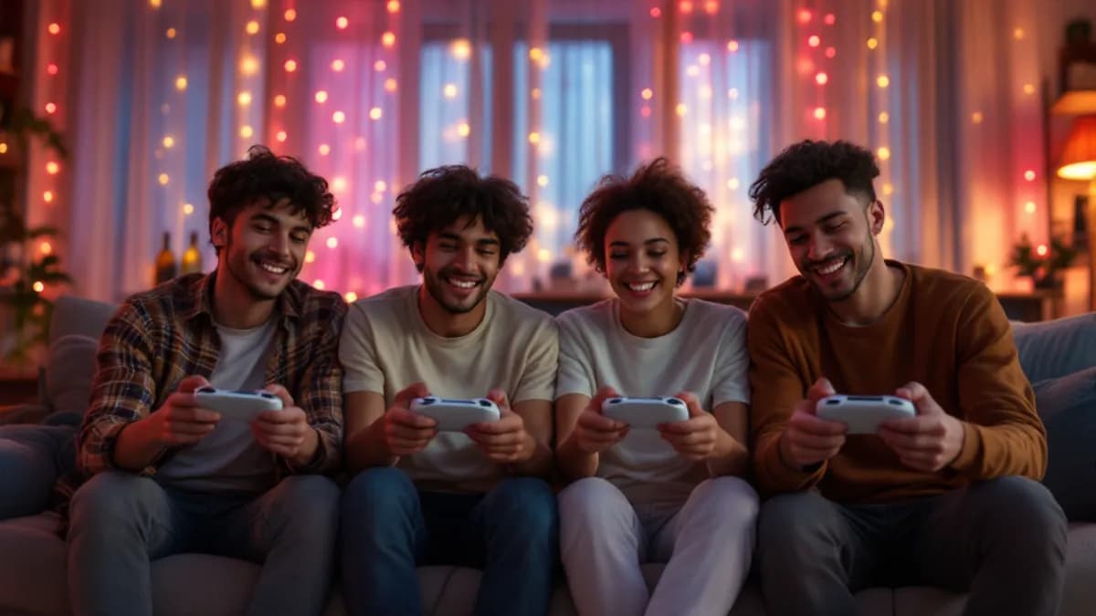 Four friends on a couch holding handheld game controllers