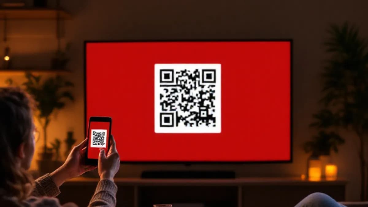 A QR code on the TV being scanned with a phone