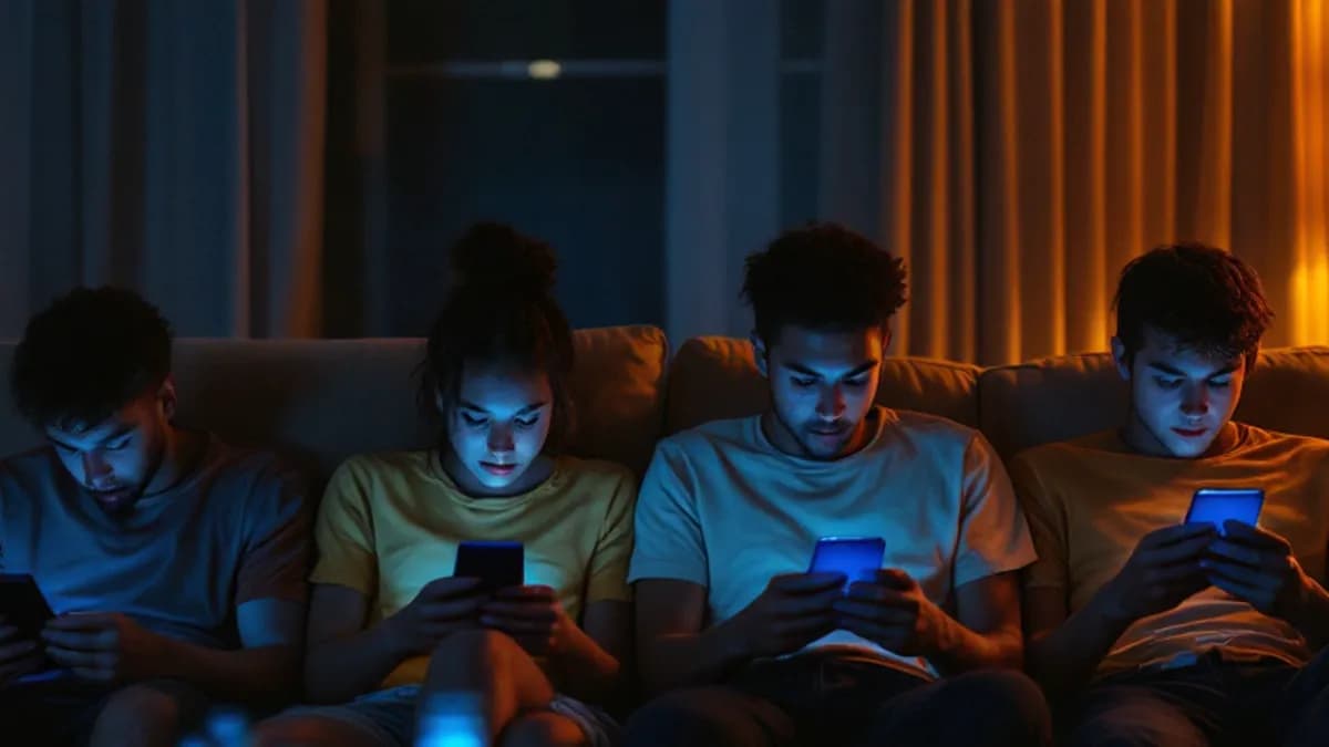Four friends on one couch, each absorbed in their own phone