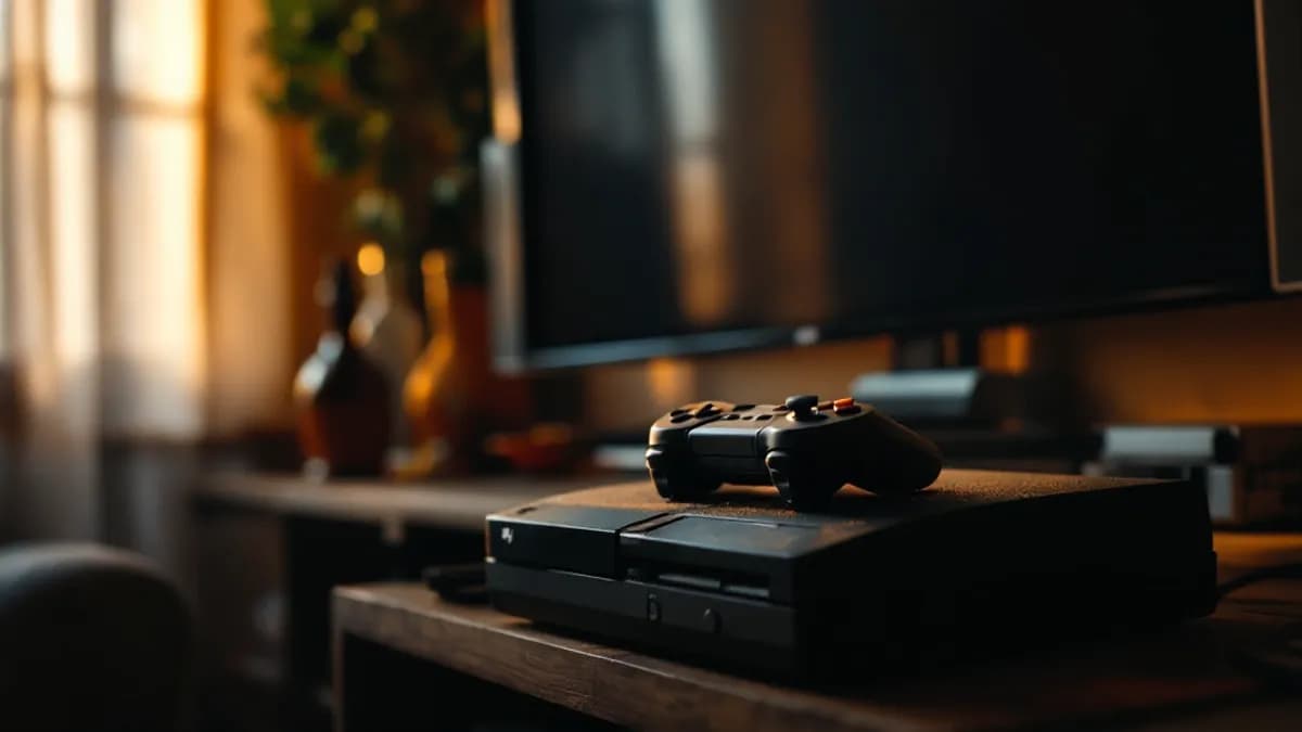 A dusty console and controller under a switched-off TV