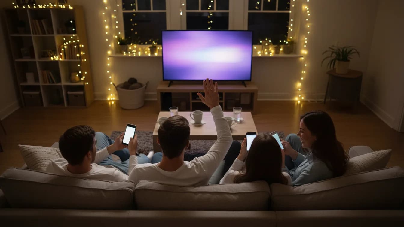 Seen from behind, two couples on a big sofa face a TV glowing purple, all holding smartphones, one man raising his hand in celebration