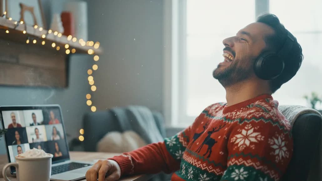 A man in a holiday sweater wearing headphones leans back laughing at his laptop during a video call in his home office, a mug of hot cocoa and a small potted Christmas tree beside the laptop