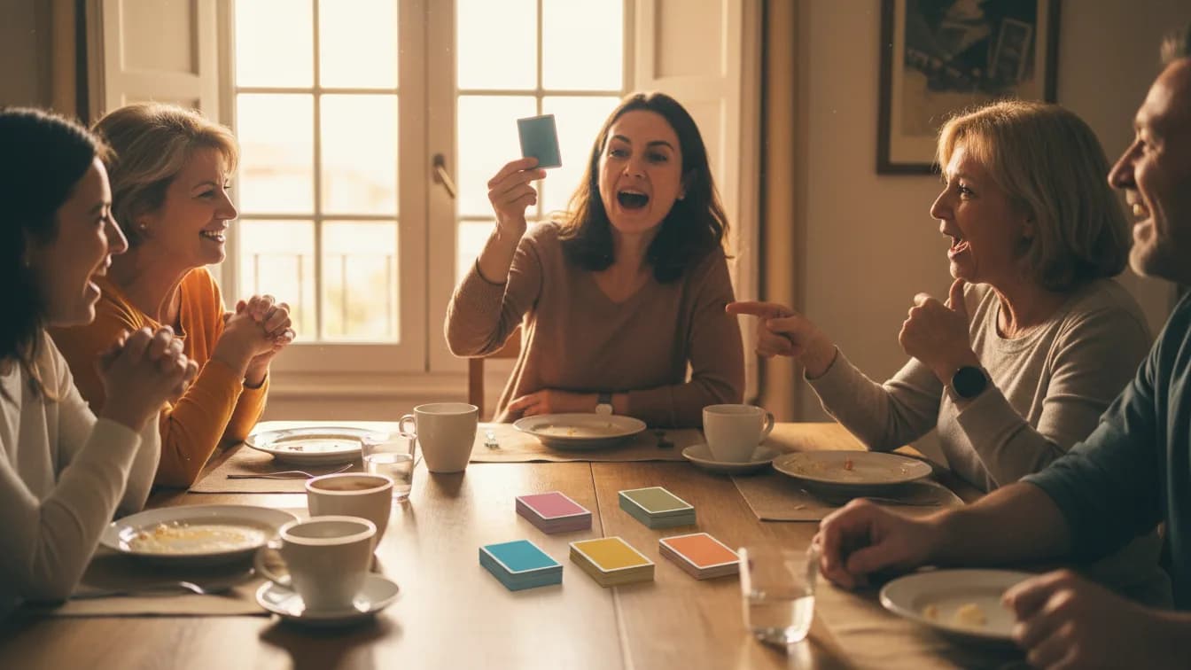 Sobremesa larga en una casa española, sobre la mesa seis montones de tarjetas de colores sin texto, una mujer levanta una tarjeta y la lee en voz alta con gesto teatral mientras su familia se ríe