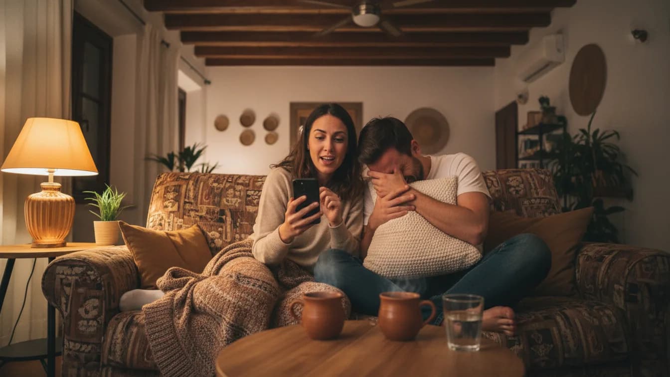 Otuzlu yaşlarında bir çift akşam evlerinde kanepede oturuyor, kadın kaşını kaldırmış telefondan bir soru okuyor, adam gülerken yüzünü bir yastıkla kapatıyor, yanlarında bir lamba ve çay bardakları