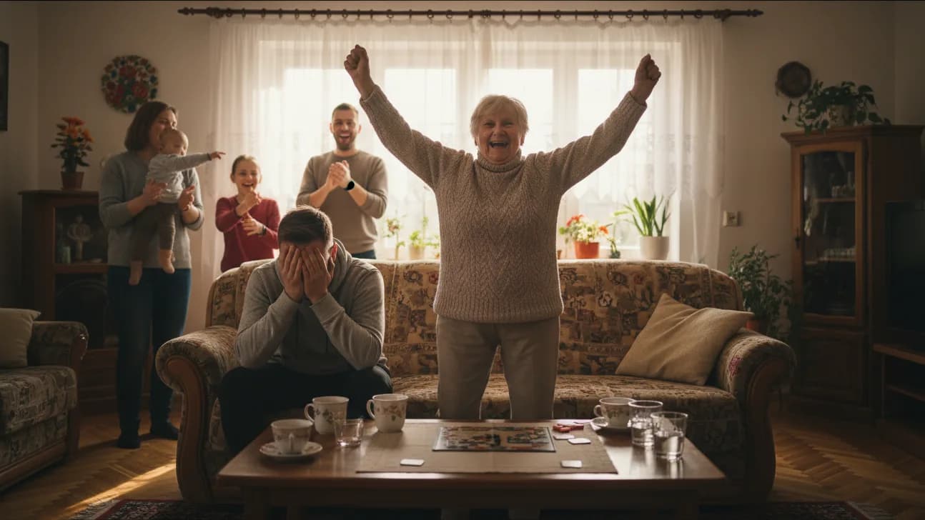 Babcia wstaje z kanapy z rękami uniesionymi w geście triumfu, obok wnuk chowa twarz w dłoniach, w tle śmieje się reszta rodziny