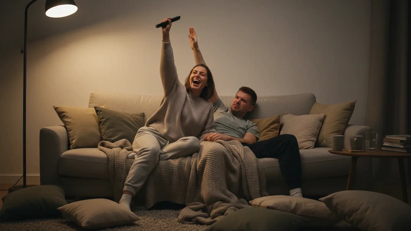 Eine Frau sitzt lachend auf dem Sofa und hält eine Fernbedienung hoch über den Kopf, während ihr Partner mit gespielt ernstem Gesicht danach greift