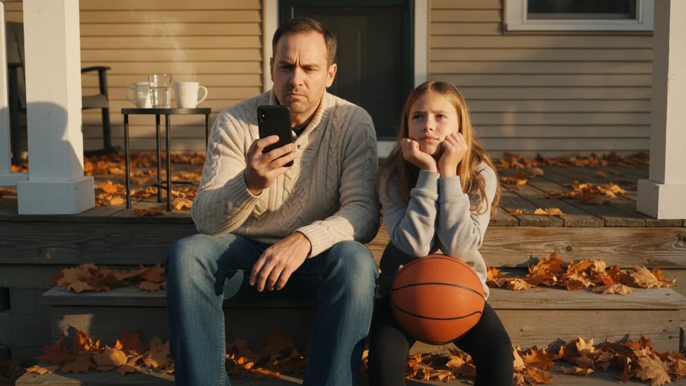 A father reads a question from his phone with a serious face while his daughter of about twelve thinks hard with her chin resting on a basketball, sitting on porch steps covered in autumn leaves