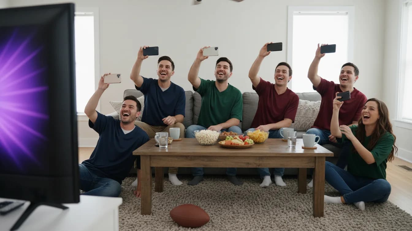 Six friends on a sofa and on the floor of a living room, holding their phones up like game buzzers and laughing, with game-day snacks and a football on the rug