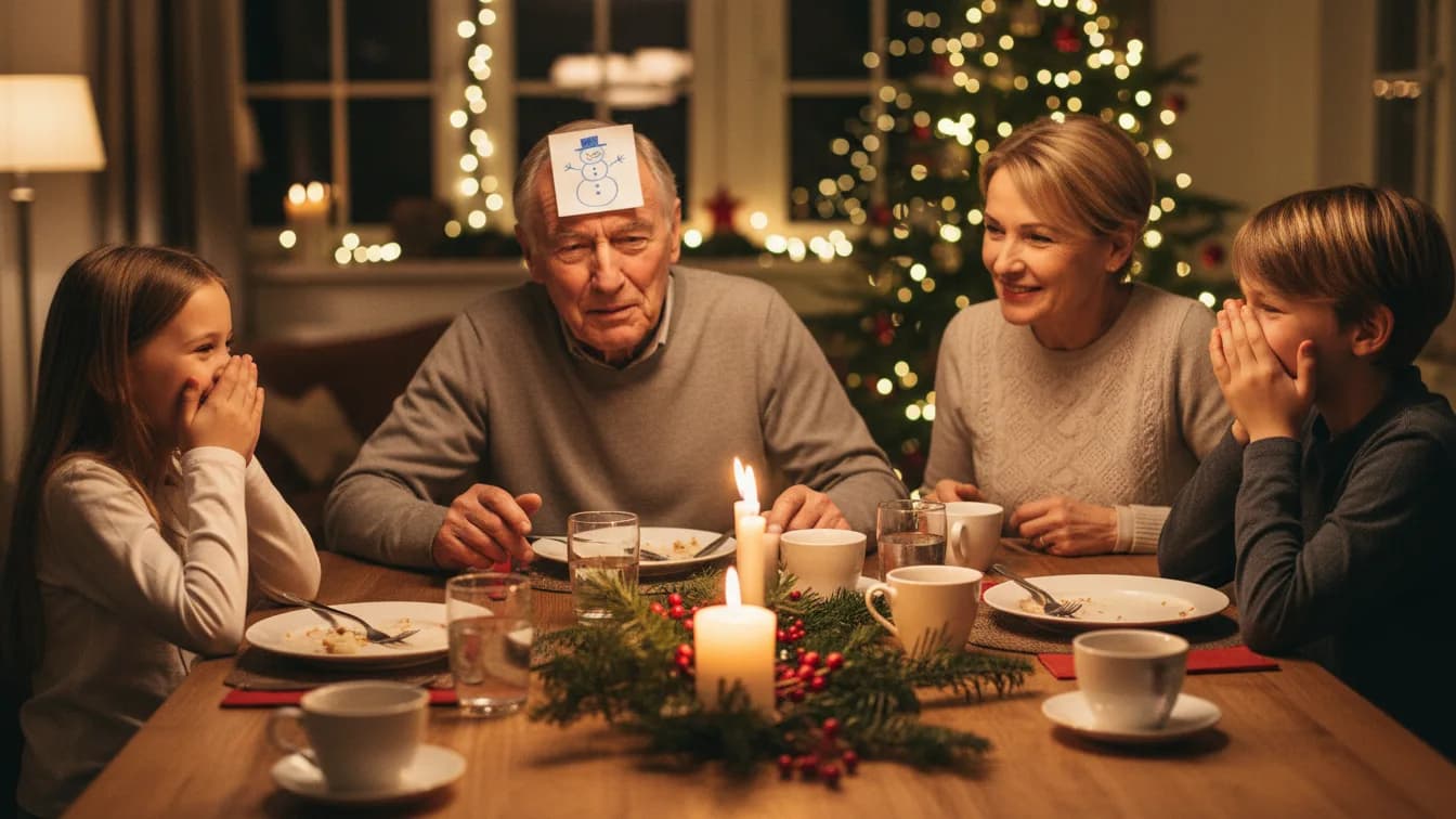 Ein Großvater am Weihnachtstisch mit einem Zettel auf der Stirn, auf dem ein Schneemann gezeichnet ist, seine Enkel kichern und halten sich den Mund zu, die Großmutter lächelt, Kerzen und Tannenzweige auf dem Tisch