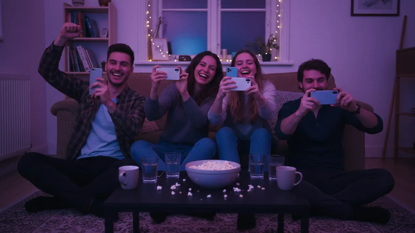 Cinco amigos num apartamento pequeno seguram o celular como botões de programa de perguntas, com o rosto iluminado pela luz roxa de uma TV fora do enquadramento, um comemora com o punho para cima