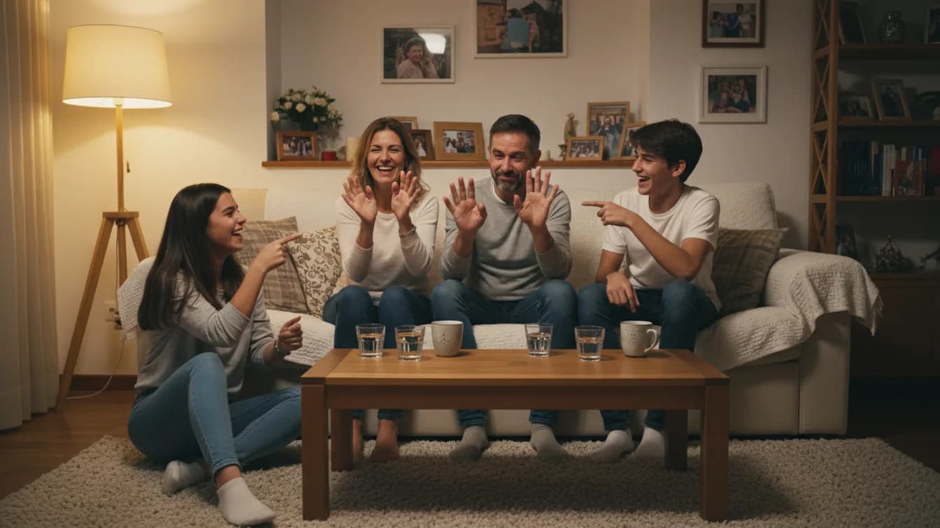 Uma família na sala com as mãos levantadas e os dedos abertos: o pai abaixa um dedo com cara de culpa enquanto os filhos adolescentes apontam para ele rindo e a mãe aplaude