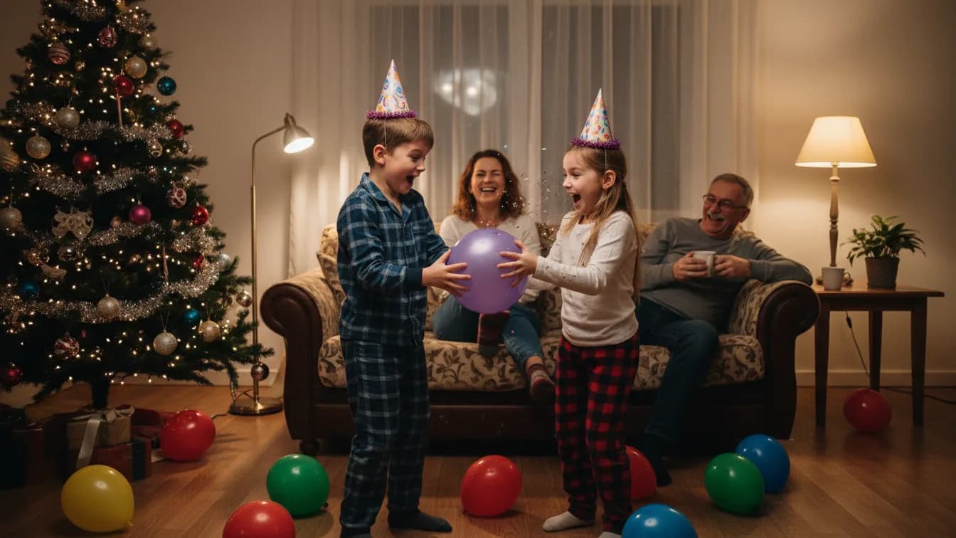 Salon w sylwestrowy wieczór, dwoje dzieci w piżamach i papierowych czapeczkach przebija balon, za nimi na kanapie śmieją się mama i dziadek, choinka w rogu pokoju