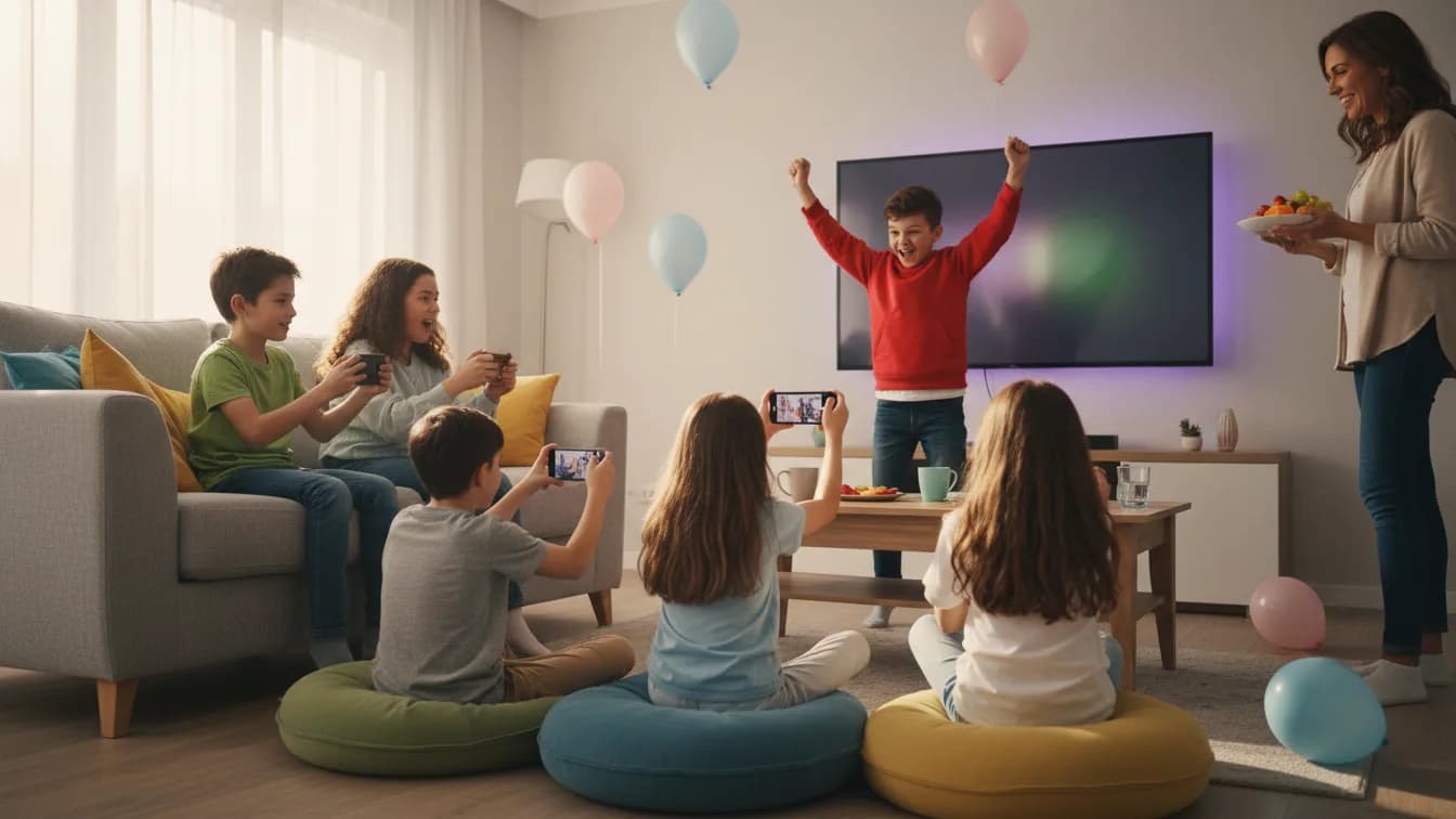 Szóstka dzieci na kanapie i poduszkach przed telewizorem trzyma telefony jak buzzery, jeden chłopiec zrywa się z radości, z boku stoi uśmiechnięta mama z talerzem owoców