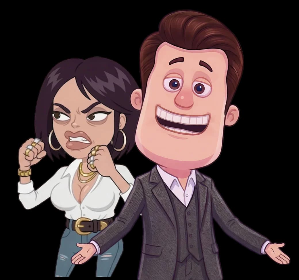 Two Buzzin game show characters posing on stage
