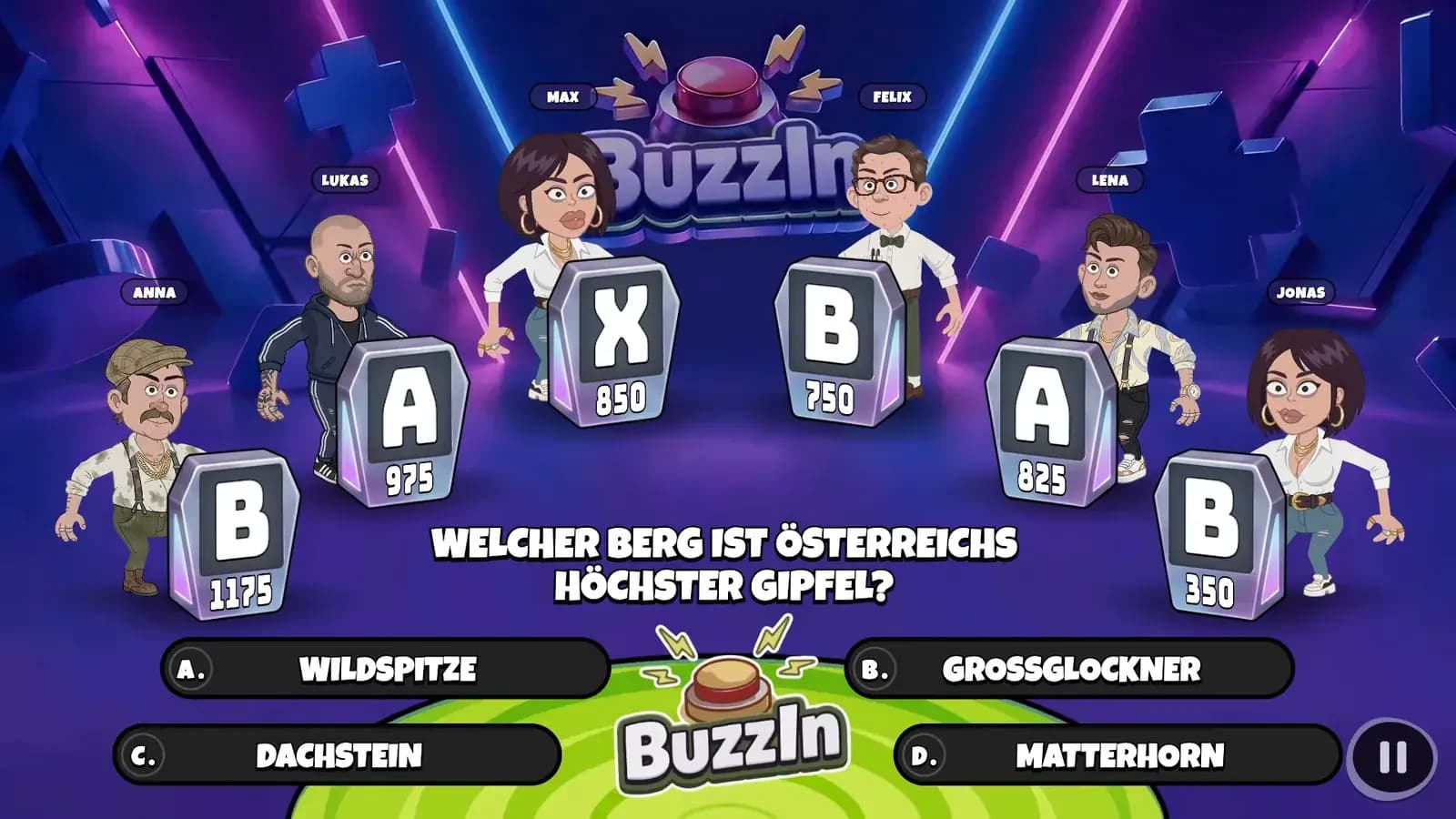 Köpfchen gefragt auf dem Fernseher: eine Frage, vier Antworten und die Spieler an ihren Pulten