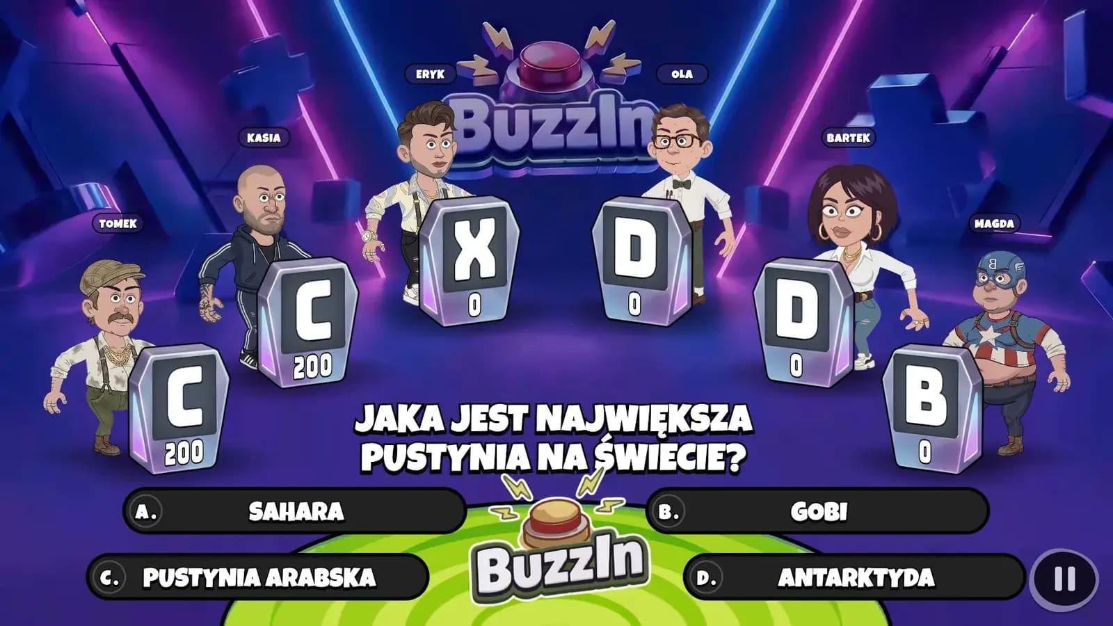 Główka Pracuje na telewizorze: pytanie, cztery odpowiedzi i gracze przy stanowiskach