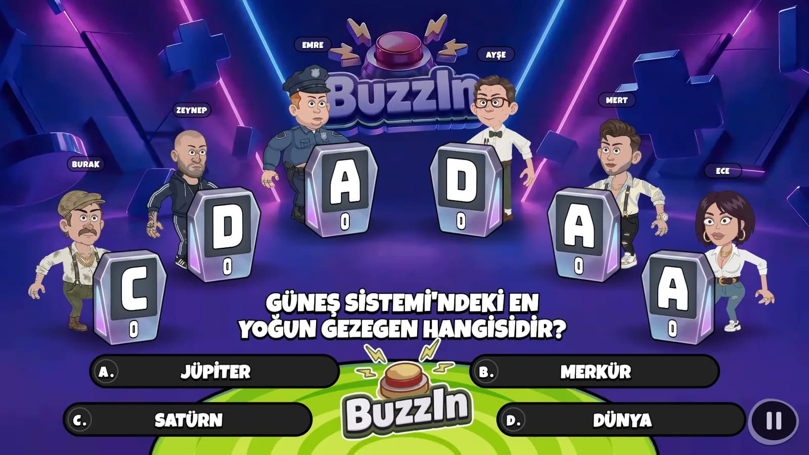 TV'de Yarışma Gecesi: bir soru, dört cevap ve kürsülerindeki oyuncular