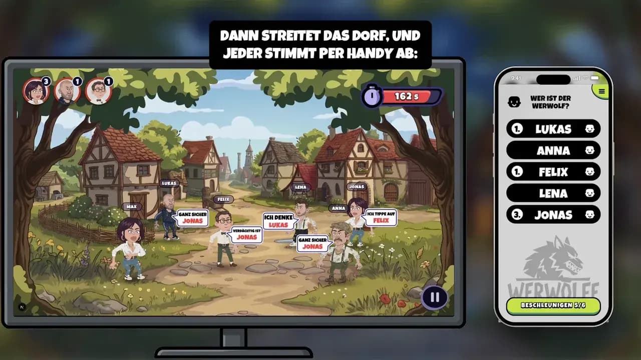 Werwölfe auf dem Fernseher, Spieler mit Handys im Wohnzimmer