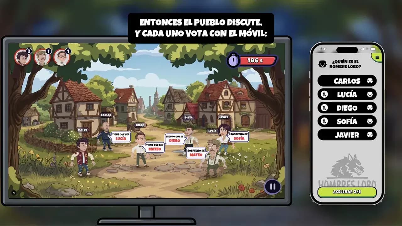 Hombres lobo en la tele, jugadores con sus móviles en el salón