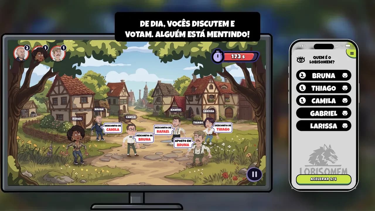 Lobisomem na TV, jogadores com o celular na mão numa sala