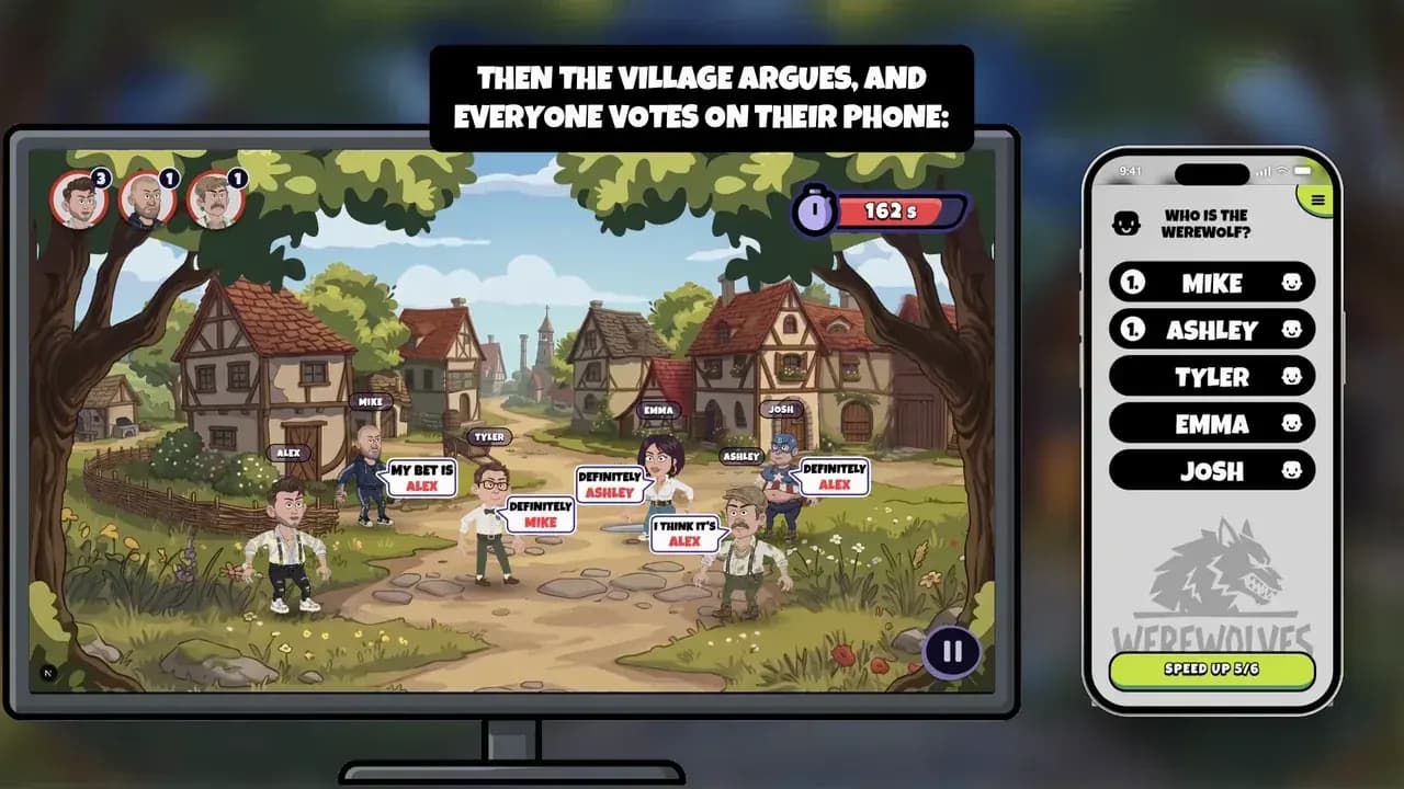Werewolves on the TV, players with their phones in a living room